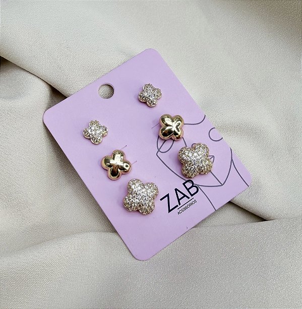 Trio de brincos FIJI zirconia folheada a ouro