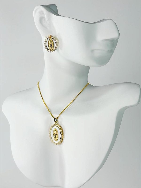Conjunto NOSSA SENHORA GUADALUPE cravejado no colar veneziana folheada a ouro