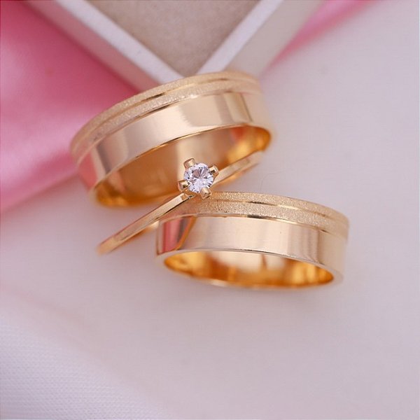 VL 1466 - Kit Par de Alianças + Solitário  em Ouro Amarelo 18K