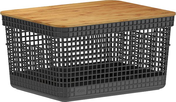 Cesto Organizador Grid c/Tampa de Bambu 08L Preto (ref.CG255)