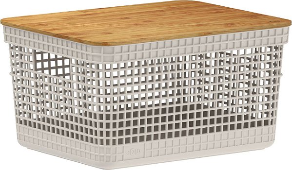 Cesto Organizador Grid c/Tampa de Bambu 08L Bege (ref.CG255)
