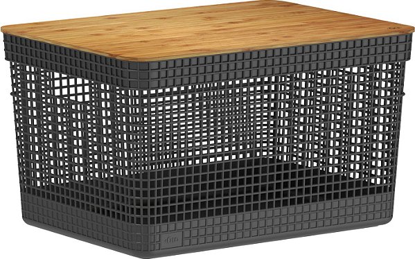 Cesto Organizador Grid c/Tampa de Bambu 20L Preto (ref.CG355)