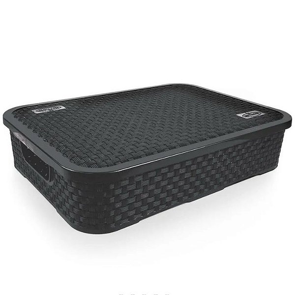 Cesto Organizador c/Tampa Rattan Baixo Preto G 7L (ref.261/P)