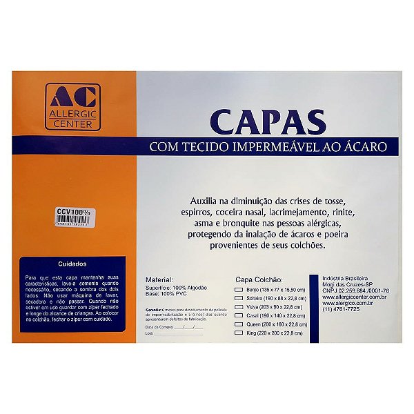 Capa Colchão Solteiro Padrão Algodão 100% Alllergic Center