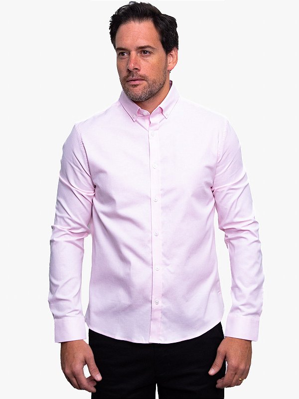 Camisa Manga Longa Regular Oxford c/ Elastano Rosa Claro Calvin Klein