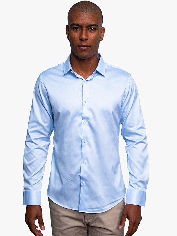 Camisa Liocel Maquinetada Manga Longa Slim Azul Claro Ville de France