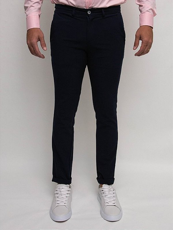 Calça Alfaiataria  Slim Cós Elástico Marinho Ville de France