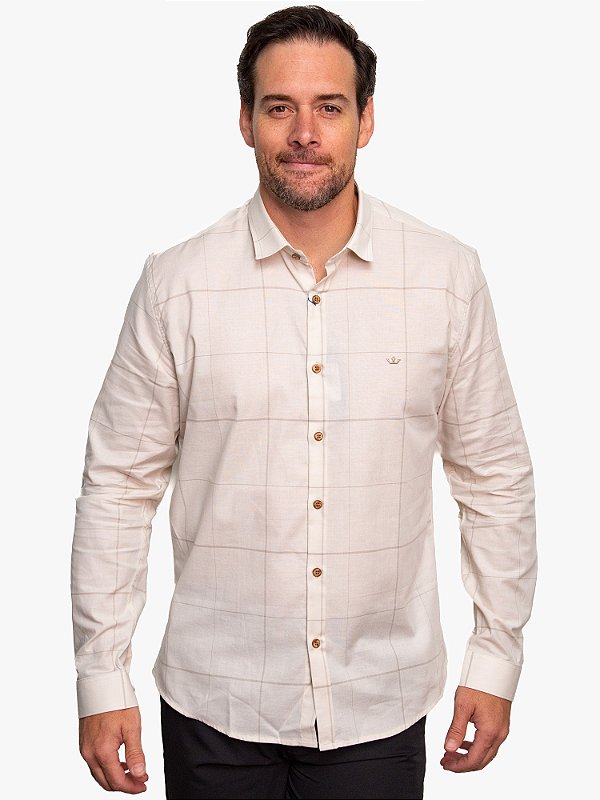 Camisa Manga Longa Slim Xadrez Bege Docthos