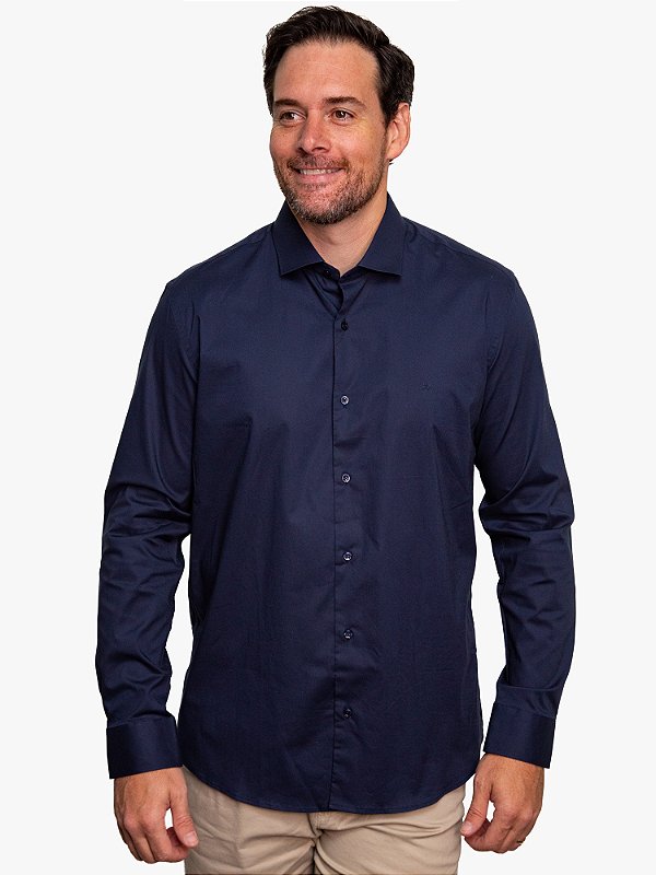 Camisa Manga Longa Slim Tricoline Stretch Marinho Aramis