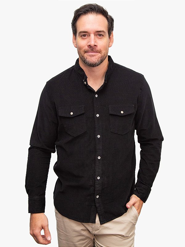 Camisa Manga Longa Slim Veludo Cotelê Preto Ville de France