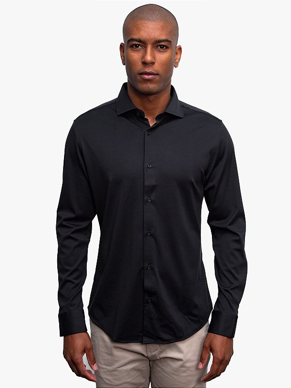 Camisa Toque de Seda Manga Longa Slim Preto Ville de France