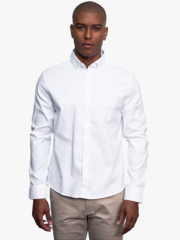 Camisa Manga Longa Regular Oxford c/ Elastano Branco Calvin Klein