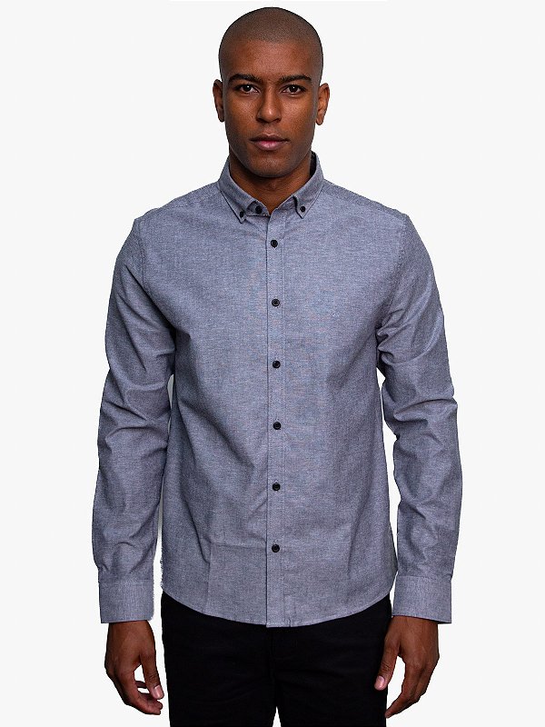Camisa Manga Longa Regular Oxford c/ Elastano Preto Calvin Klein