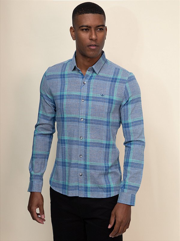 Camisa Manga Longa Slim Xadrez Exclusivo Docthos Azul