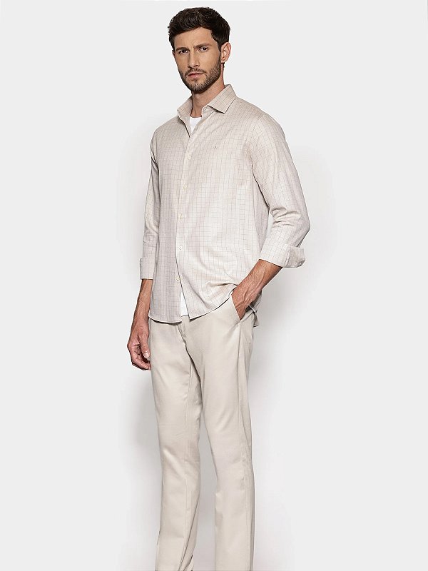 Camisa Aramis Manga Longa Regular Xadrez Linhas Caqui Com Fendi