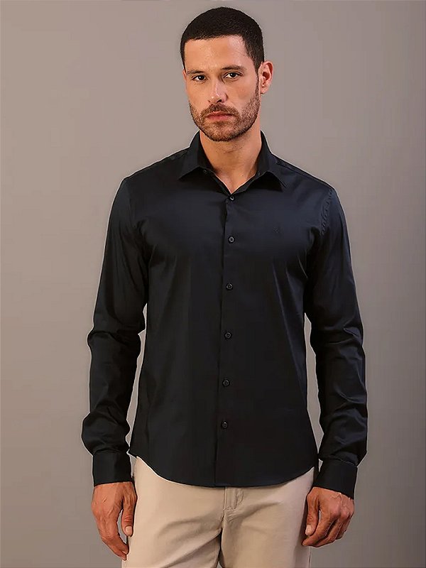 Camisa Calvin Klein Manga Longa Slim Básica Marinho