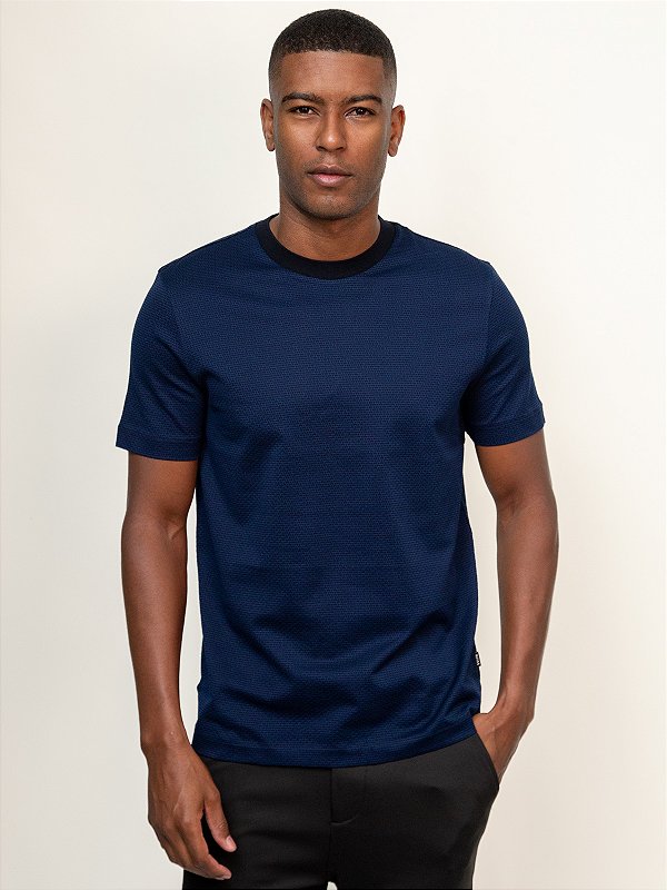 Camiseta Boss com Jacquard Geométrico em Algodão Mercerizado Navy