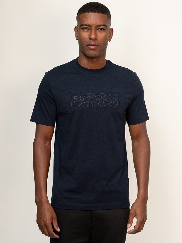 Camiseta Boss em Jersey de Algodão com Logo C-Thompsom Marinho