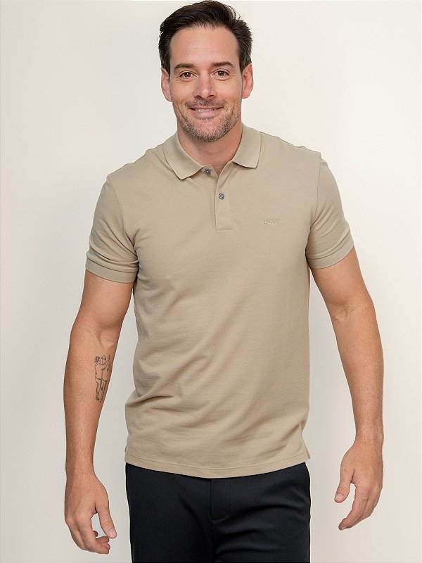 Polo Boss Piquet Pallas Regular Fit com Logo Bordado Bege