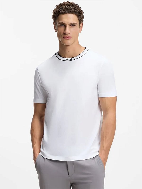 Camiseta Boss Em Jersey De Algodão Com Colarinho De Logo Branco