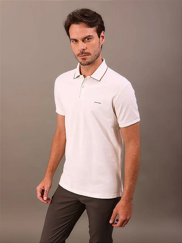 Polo Calvin Klein Manga Curta Regular Listras Surton Off White
