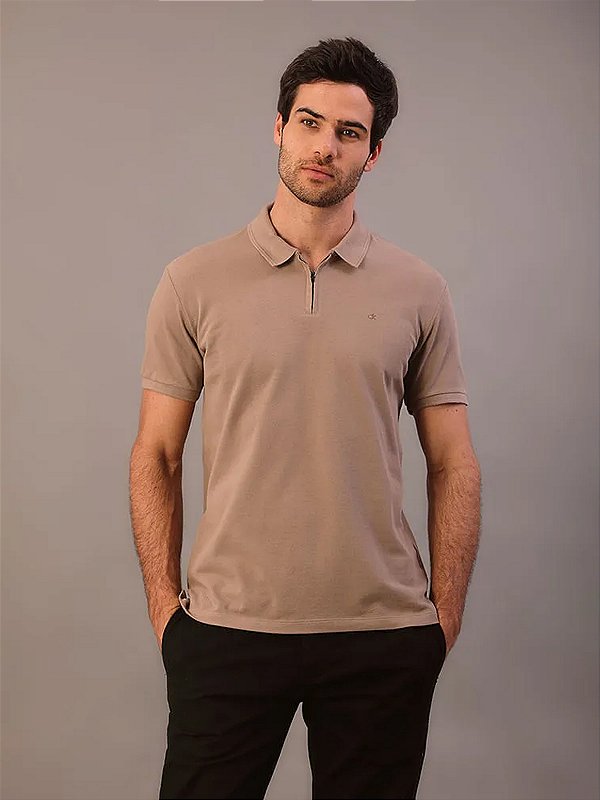 Polo Calvin Klein Manga Curta Masculino Slim Meio Zíper Caqui Medio