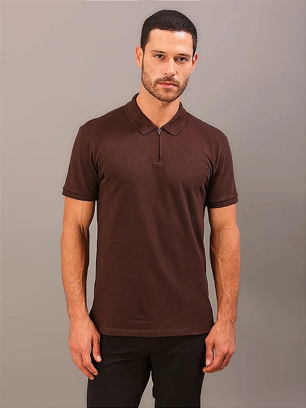 Polo Calvin Klein Manga Curta Masculino Slim Meio Zíper Marrom