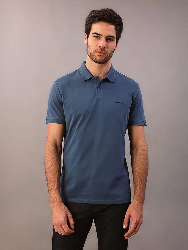 Polo Masculina Calvin Klein Manga Curta Logo Silver Jersey Indigo