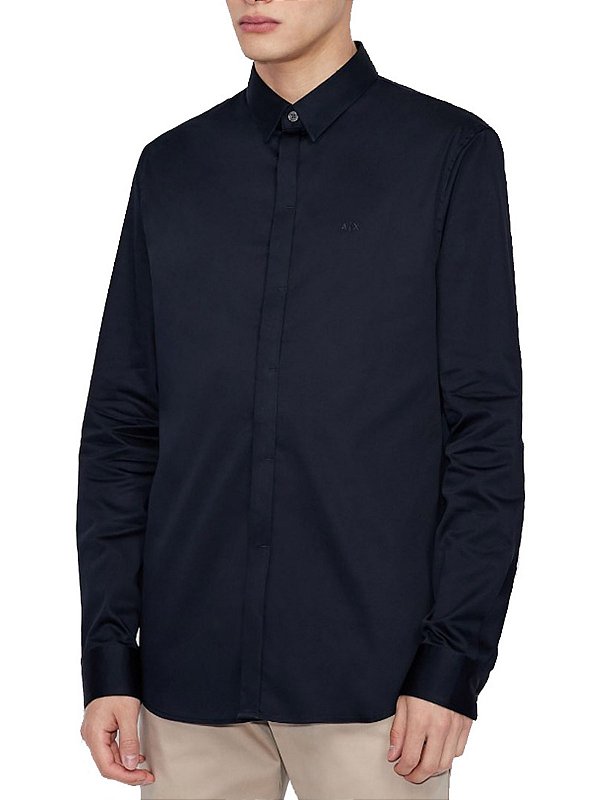 Camisa Armani Exchange Manga Longa Slim Fit Azul Petróleo