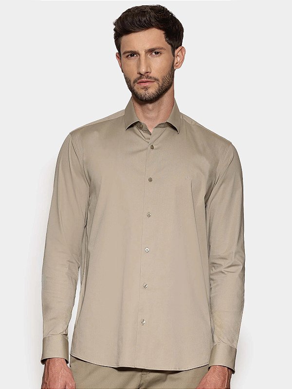 Camisa Aramis Manga Longa Slim em Tricoline Stretch Liso Trigo