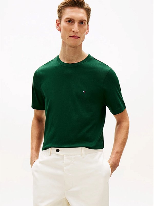 Camiseta de Gola Redonda com Bordado da Bandeira Tommy Hilfiger Nocturnal Green