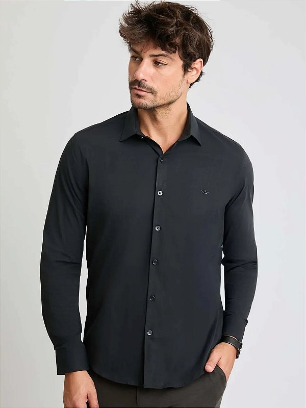 Camisa Docthos Manga Longa Relaxed Fit Tricoline com Elastano Preto