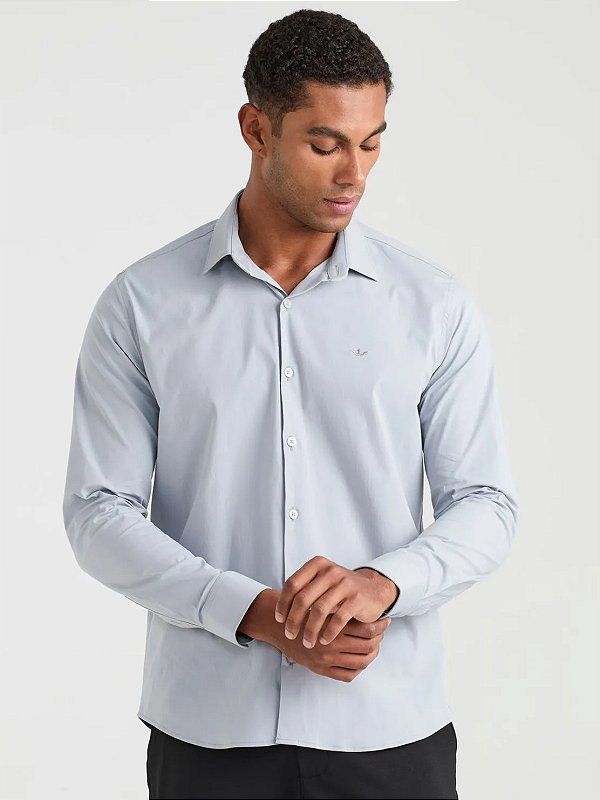 Camisa Docthos Manga Longa Relaxed Fit Tricoline com Elastano Cinza Claro