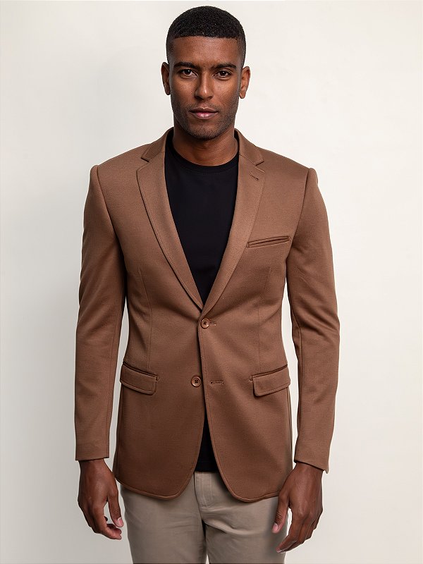 Blazer Raffer Malha Slim com Forro Listrado Mocha Mousse