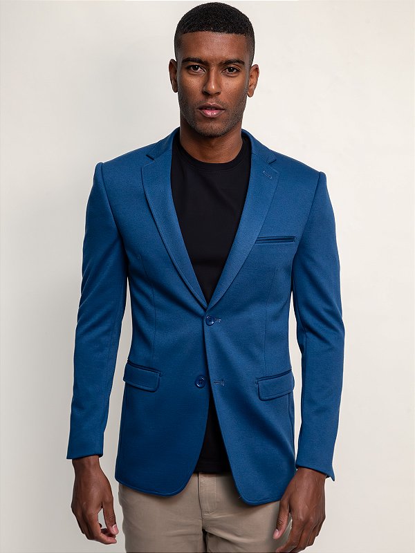 Blazer Raffer Malha Slim com Forro Listrado Azul Forte