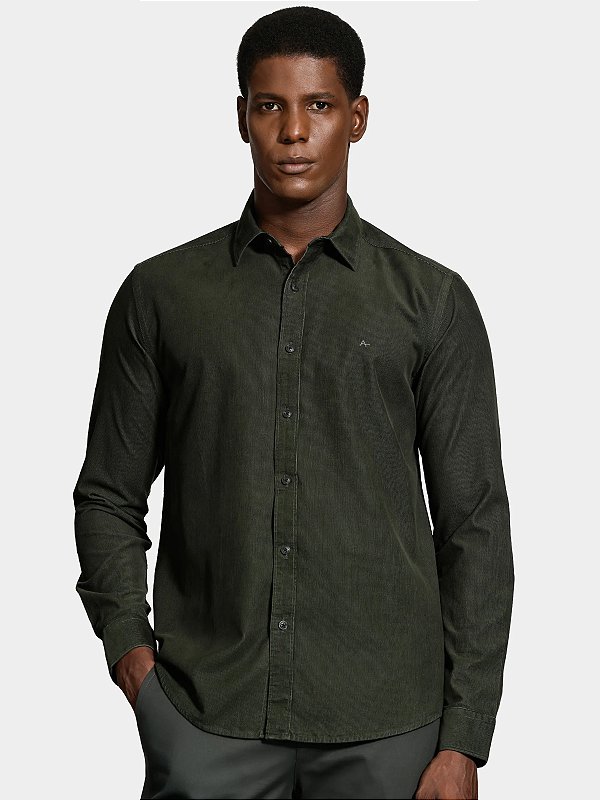 Camisa Aramis Manga Longa Slim em Veludo Cotelê Verde Oliva