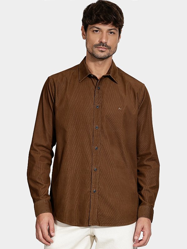 Camisa Aramis Manga Longa Slim em Veludo Cotelê Café
