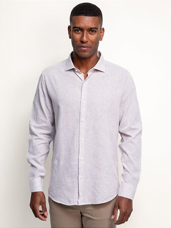 Camisa Manga Longa Ville de France Linho Listrada Khaki