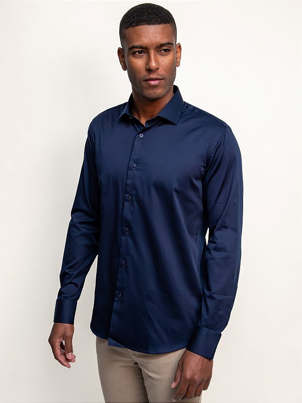 Camisa Manga Longa Ville de France Slim Cetim Marinho