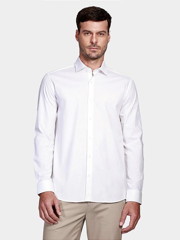 Camisa Aramis Manga Longa Slim em Tricoline Stretch Liso Branco