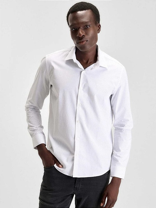 Camisa Docthos Relaxed Fit Manga Longa Xadrez Mercerizadas Branco
