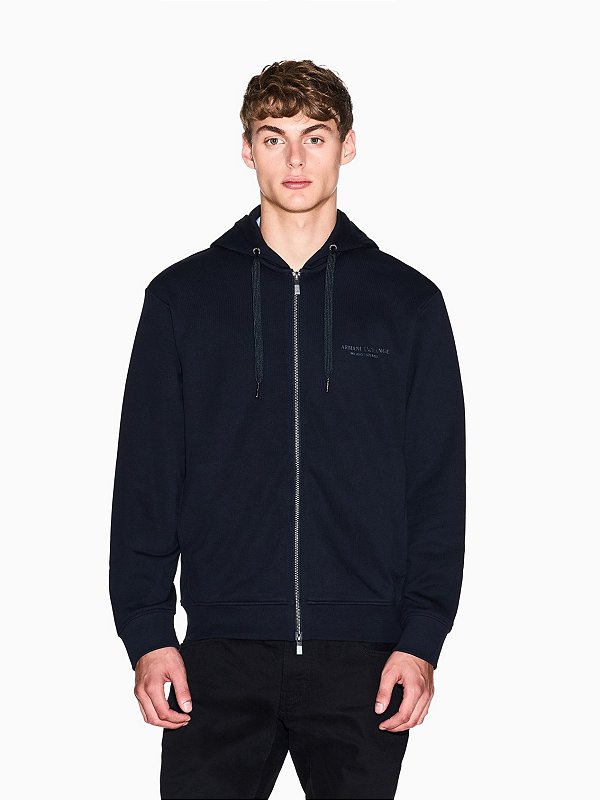 Moletom Armani Exchange com Zíper Frontal em Tecido Felpudo de Algodão Francês Navy