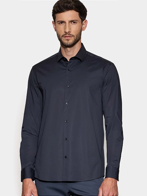 Camisa Aramis Manga Longa Slim em Tricoline Stretch Liso Marinho Escuro
