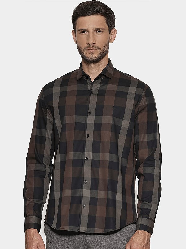 Camisa Aramis Manga Longa Regular Maxi Xadrez Café Com Preto