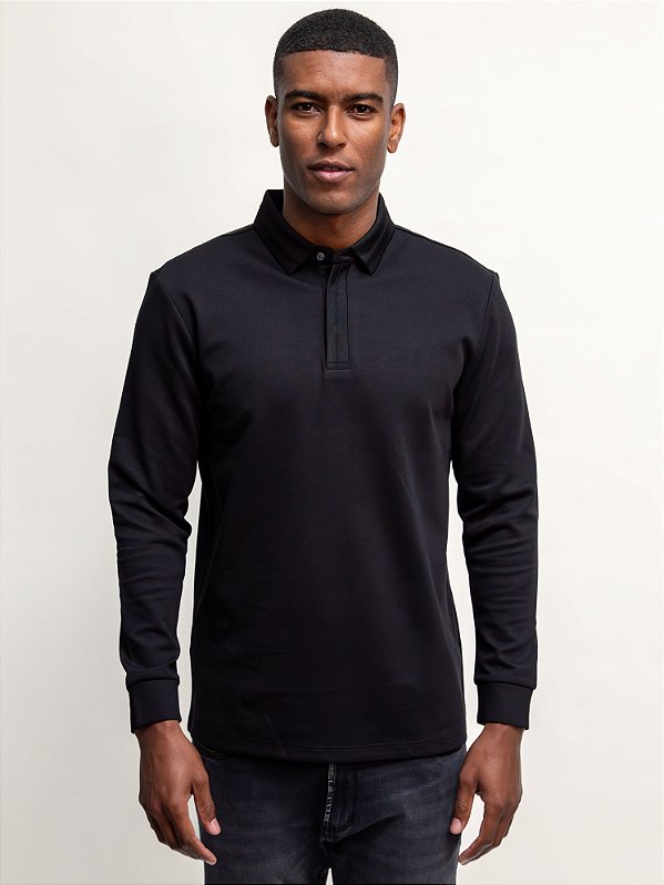 Polo Manga Longa Ville de France Hidden Placket Preto