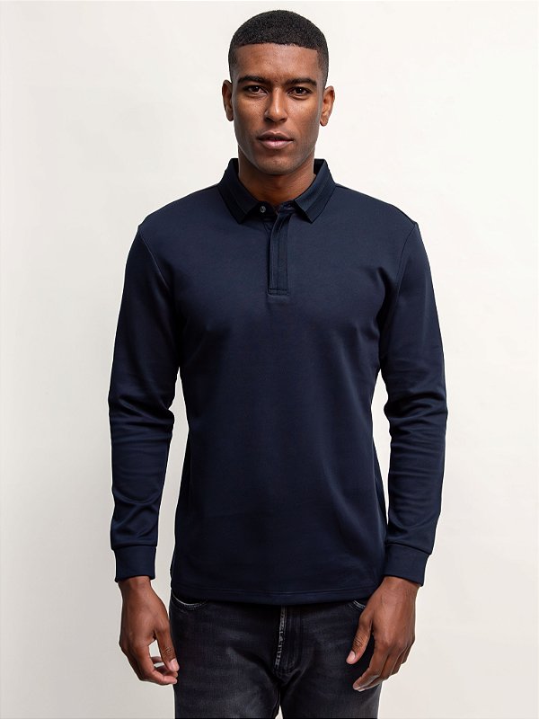 Polo Manga Longa Ville de France Hidden Placket Marinho