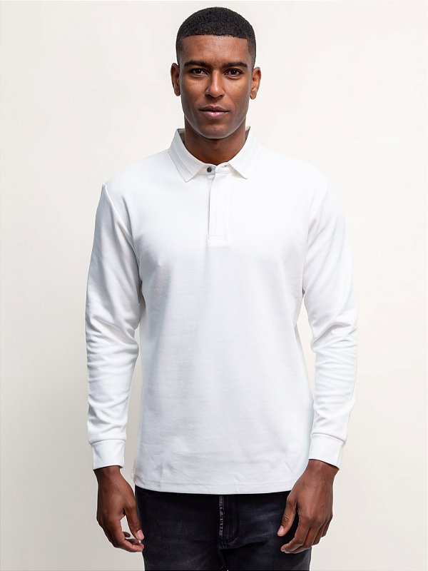 Polo Manga Longa Ville de France Hidden Placket Branco