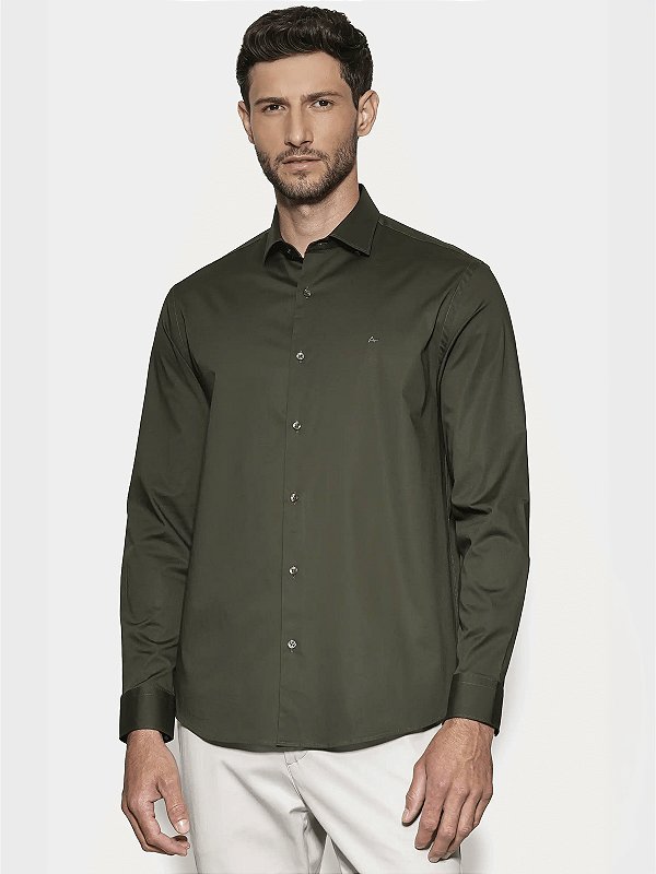 Camisa Aramis Manga Longa Regular Stretch Liso Verde Escuro