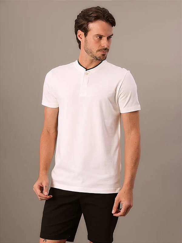 Polo Manga Curta Calvin Klein Masculino Slim Gola Portuguesa Off White