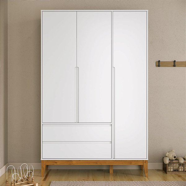Roupeiro Nature Clean 3 Portas Branco Soft/Eco Wood - Matic Móveis